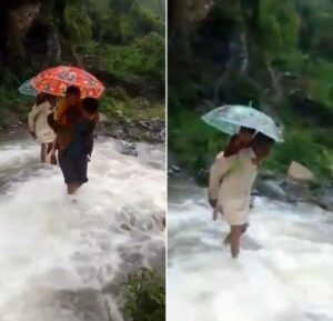 घटिया! हिमाचल के शिलाई गांव में स्कूली बच्चों को पीठ पर लादकर उफनती धारा में ले जाते ग्रामीण