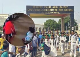 पंचकूला में तीसरी कक्षा की छात्रा ने 6 साल की केजी को पत्थर और गमले से पीटते हुए सीसीटीवी में दिखाया गया है